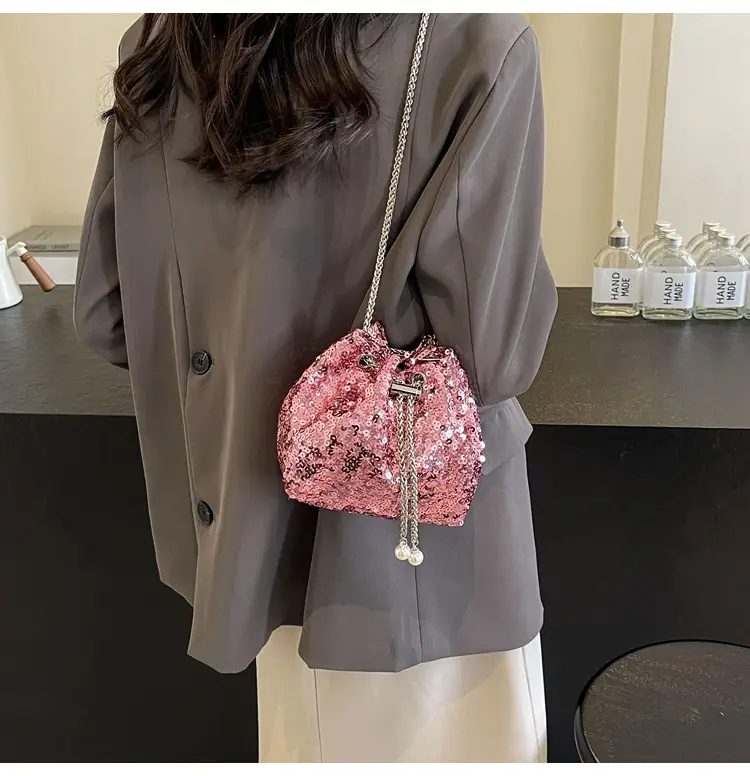 Pink Sequin Bucket Bag for Women High-End Chain Shoulder — feature 23