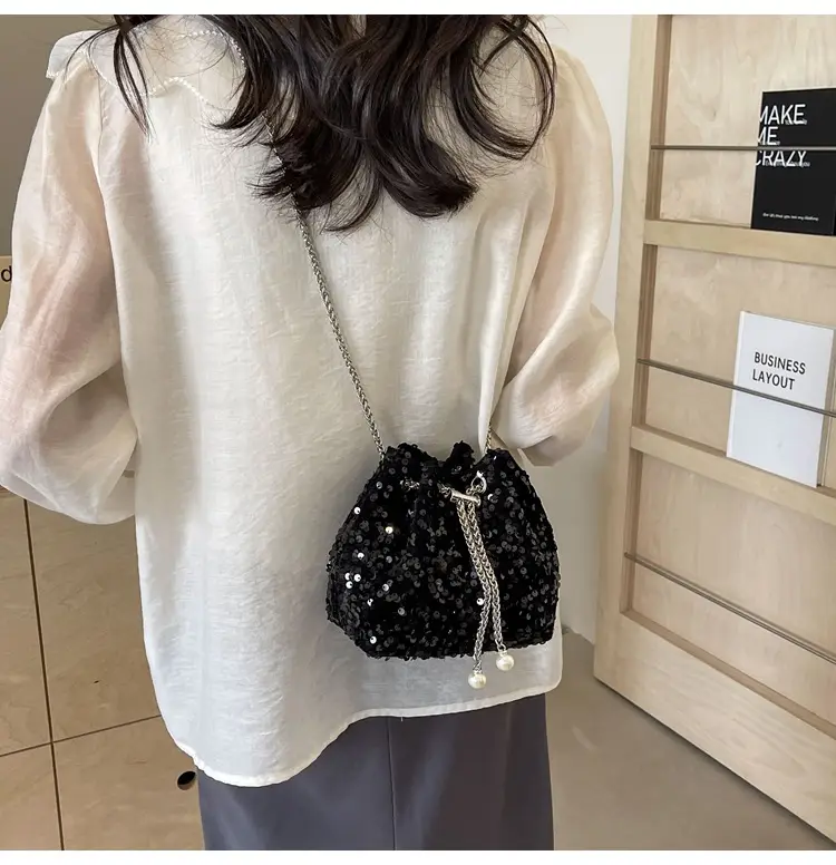 Pink Sequin Bucket Bag for Women High-End Chain Shoulder — feature 31