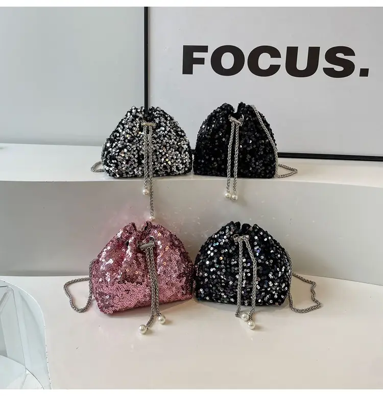 Pink Sequin Bucket Bag for Women High-End Chain Shoulder — feature 7