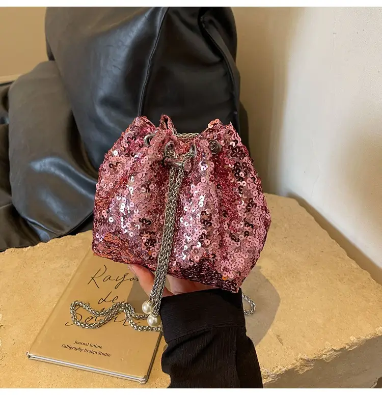 Pink Sequin Bucket Bag for Women High-End Chain Shoulder — feature 8