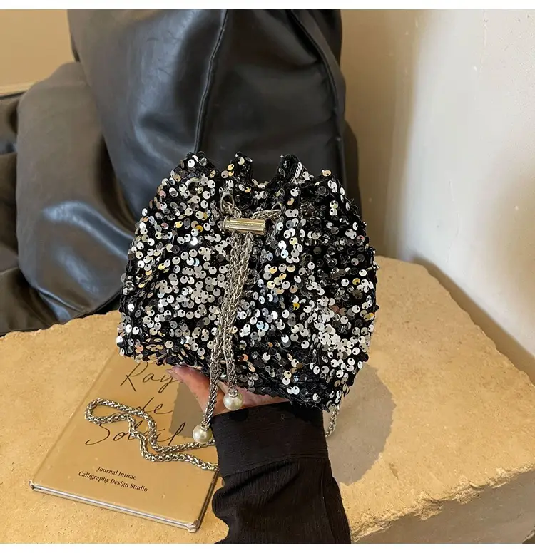 Pink Sequin Bucket Bag for Women High-End Chain Shoulder — feature 9