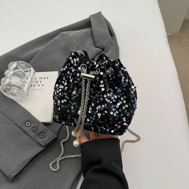 Pink Sequin Bucket Bag for Women High-End Chain Shoulder - Image 2
