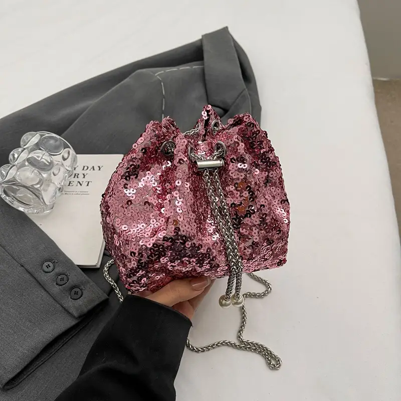 Pink Sequin Bucket Bag for Women High-End Chain Shoulder - Image 3