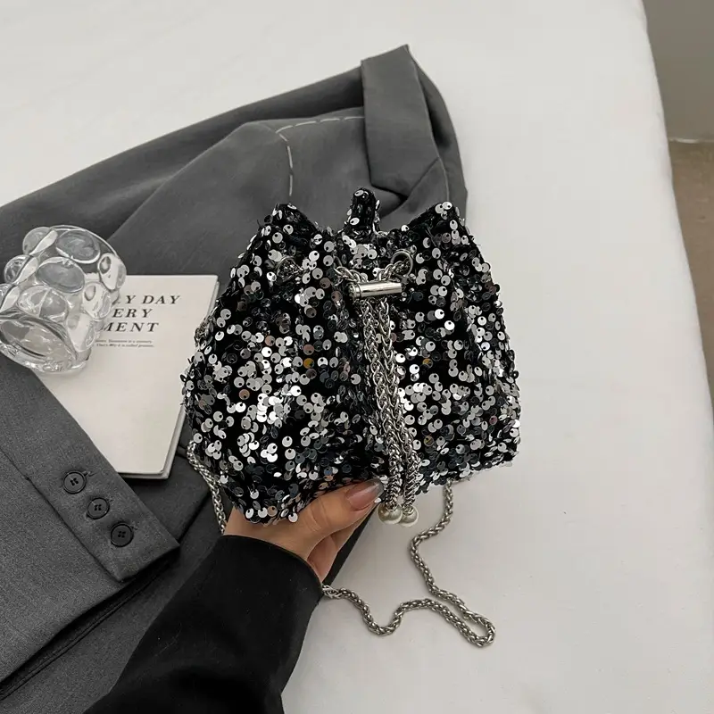 Pink Sequin Bucket Bag for Women High-End Chain Shoulder - Image 4