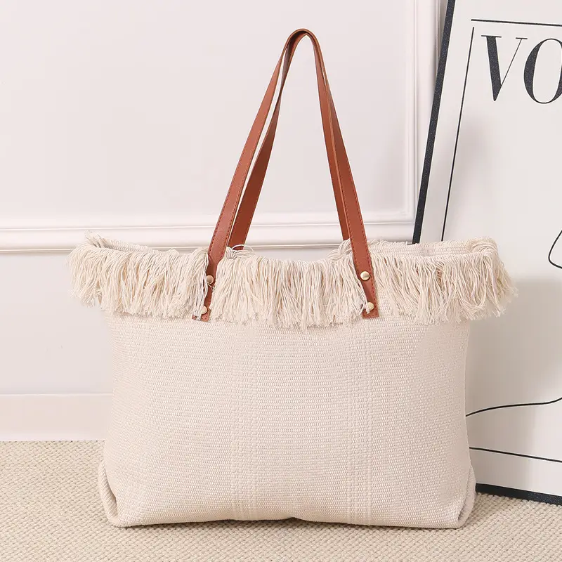 Canvas Tassel Tote Bag Large Capacity Brown - Image 4