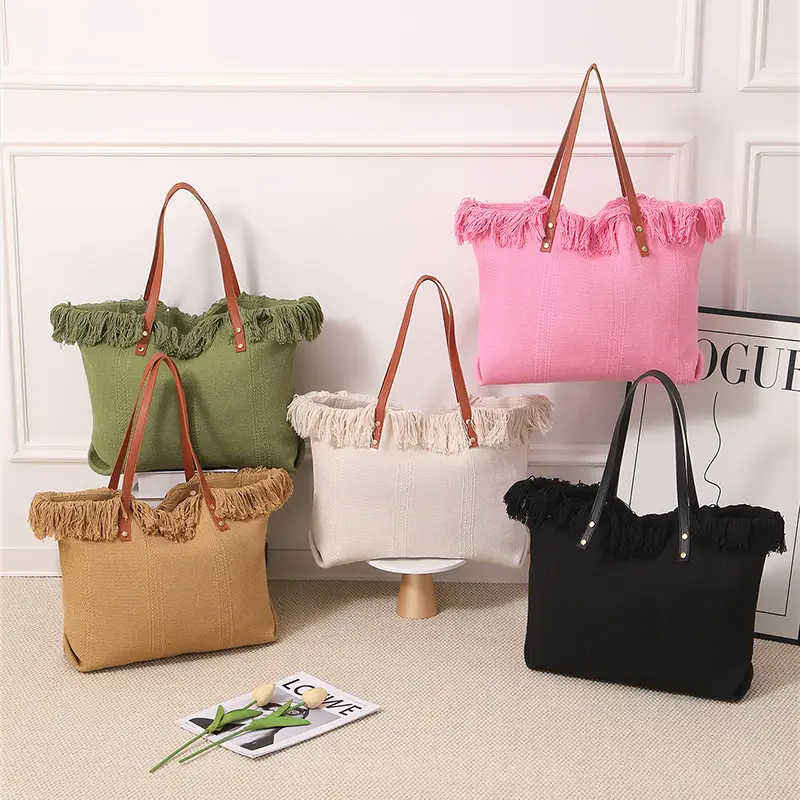 Canvas Tassel Tote Bag Large Capacity Brown - Image 7
