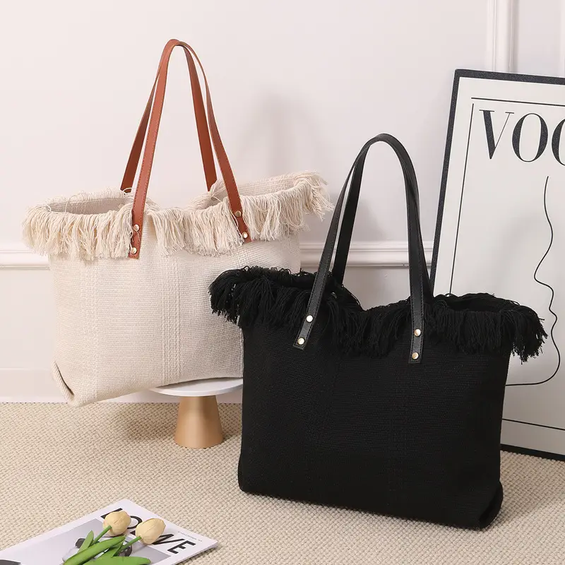 Canvas Tassel Tote Bag Large Capacity Brown - Image 8