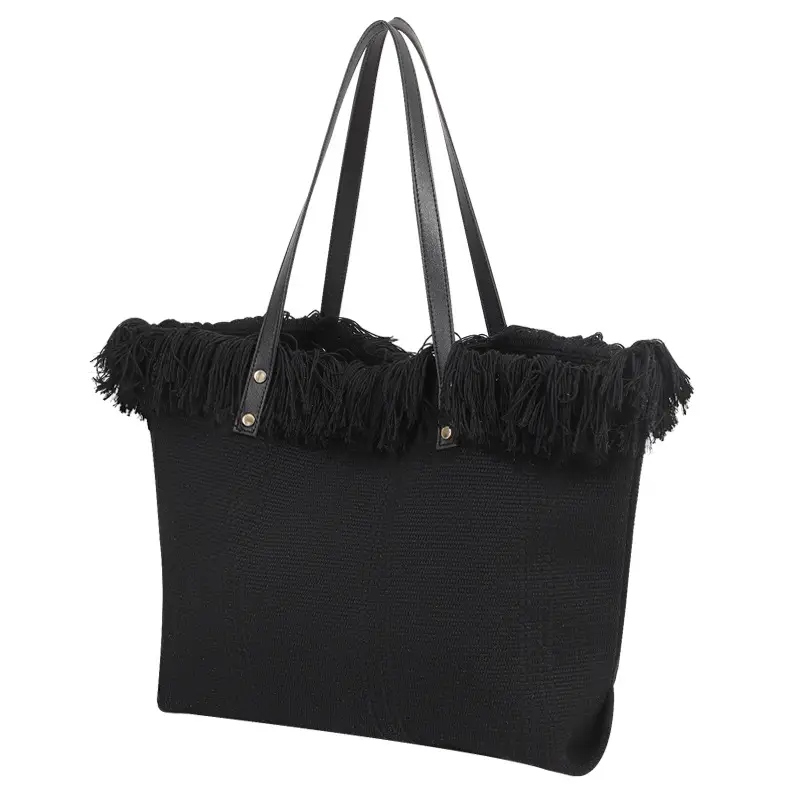 Canvas Tassel Tote Bag Large Capacity Brown - Image 9