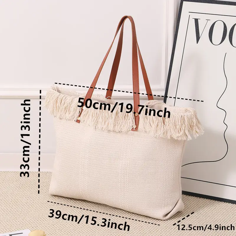 Canvas Tassel Tote Bag Large Capacity Brown — feature 10