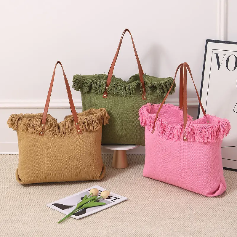 Canvas Tassel Tote Bag Large Capacity Brown — feature 11
