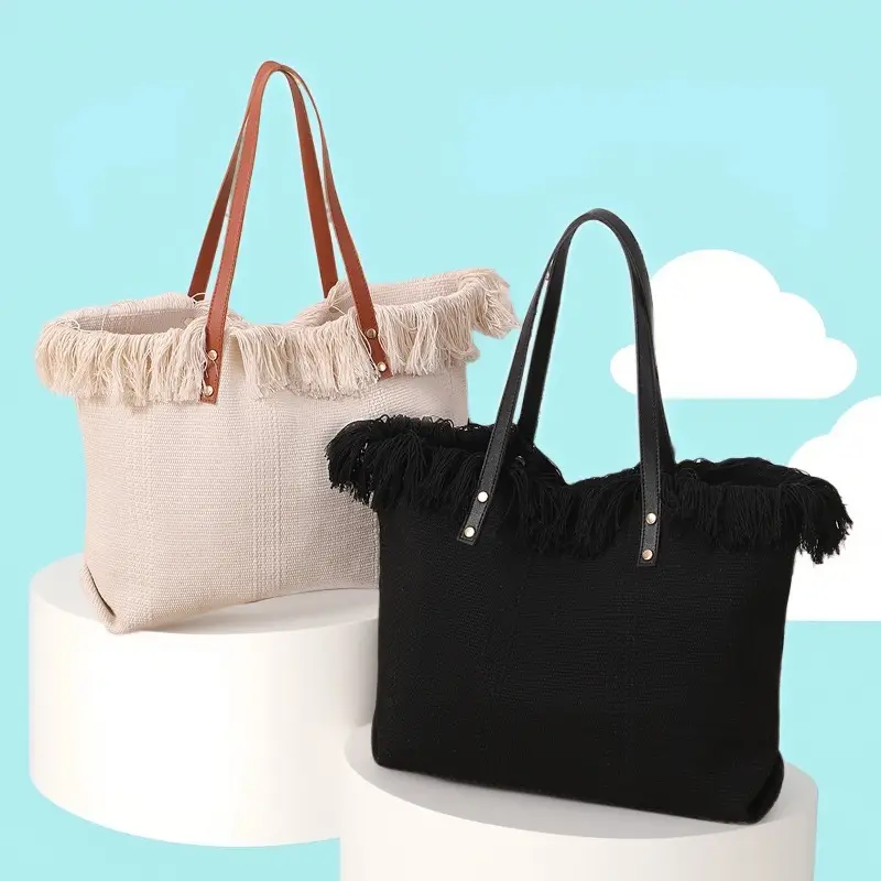 Canvas Tassel Tote Bag Large Capacity Brown — feature 14