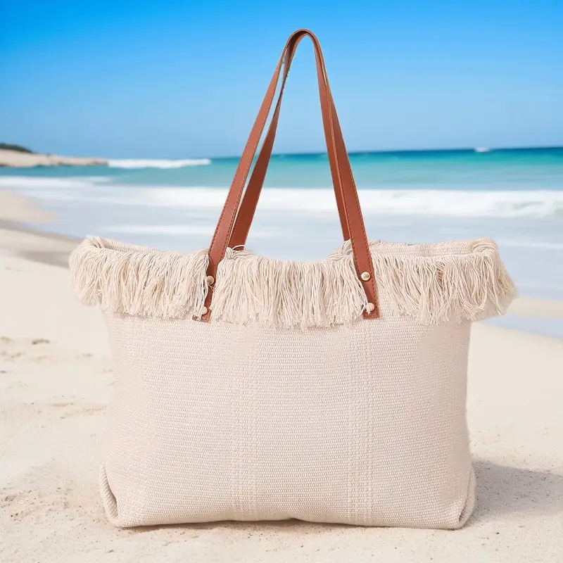 Canvas Tassel Tote Bag Large Capacity Brown — feature 18