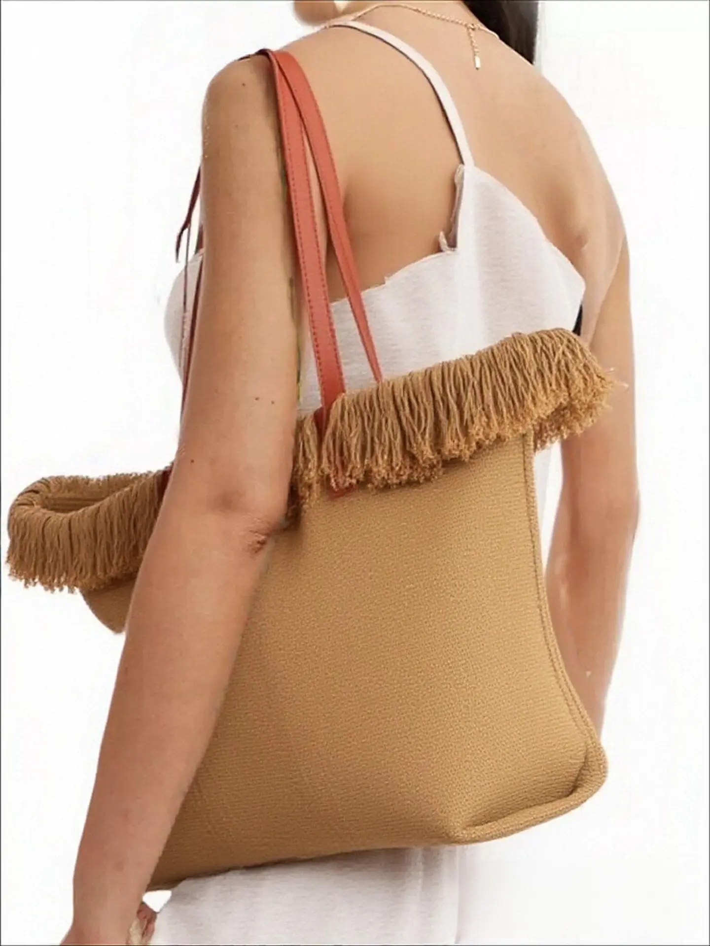 Canvas Tassel Tote Bag Large Capacity Brown — feature 4