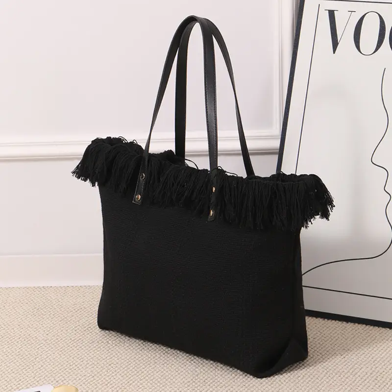 Canvas Tassel Tote Bag Large Capacity Brown — feature 5