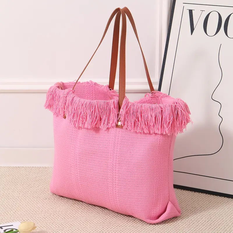 Canvas Tassel Tote Bag Large Capacity Brown — feature 6