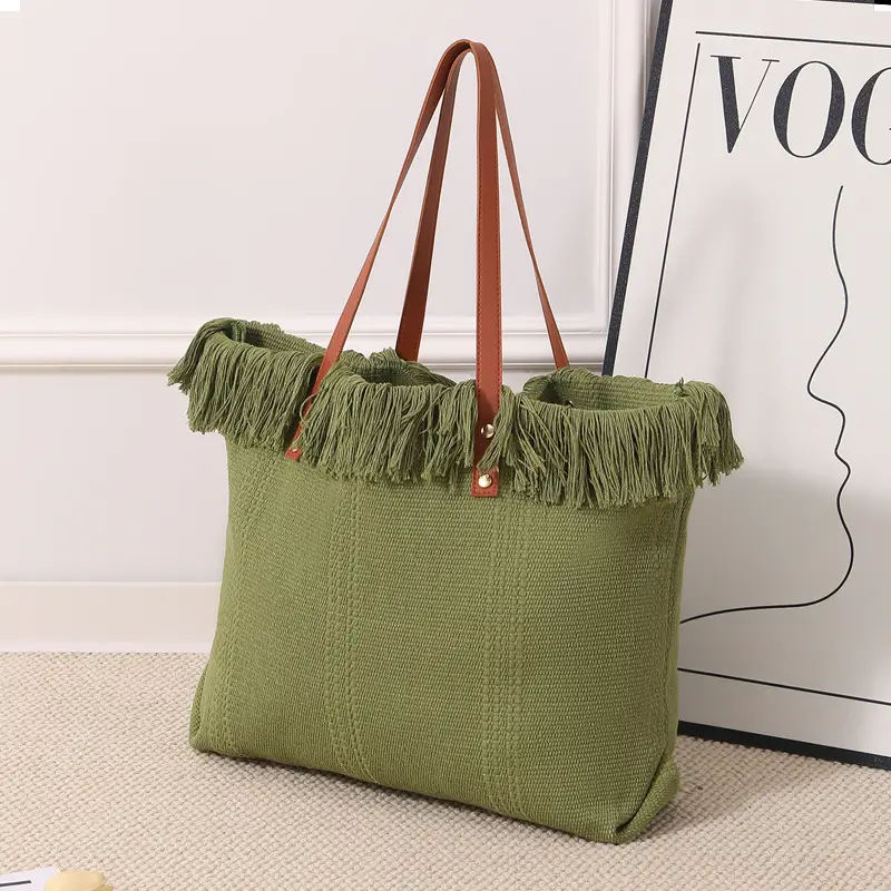 Canvas Tassel Tote Bag Large Capacity Brown — feature 7