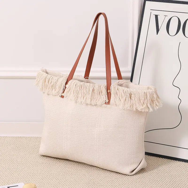 Canvas Tassel Tote Bag Large Capacity Brown — feature 8