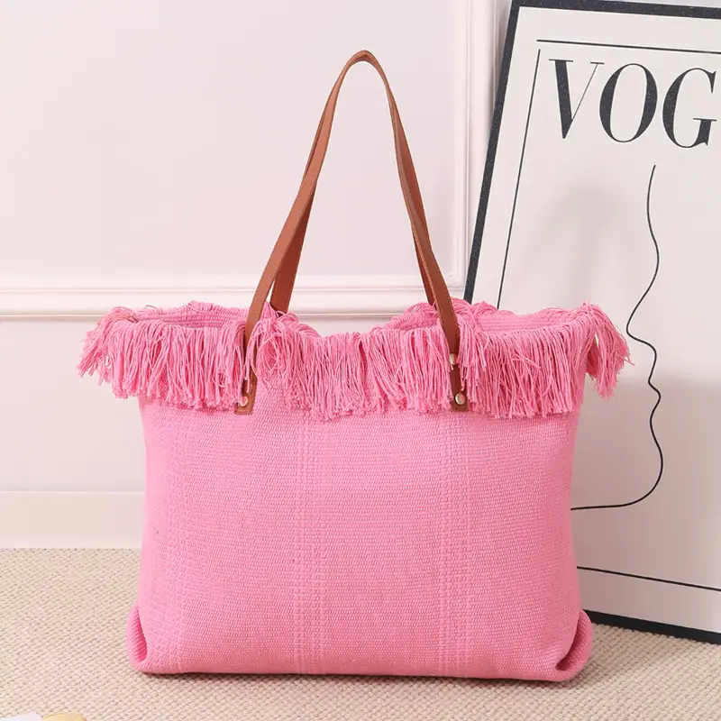 Canvas Tassel Tote Bag Large Capacity Brown - Image 2