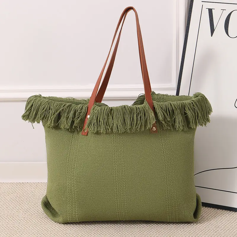 Canvas Tassel Tote Bag Large Capacity Brown - Image 3