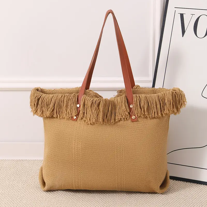 Canvas Tassel Tote Bag Large Capacity Brown - Image 5