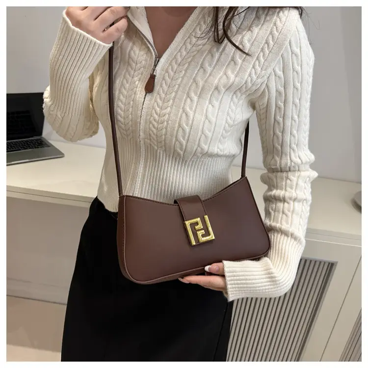 Korean Style Brown Shoulder Bag with Gold Logo — feature 29