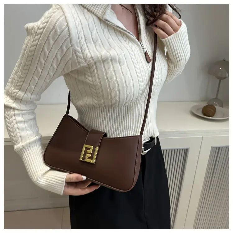 Korean Style Brown Shoulder Bag with Gold Logo — feature 30