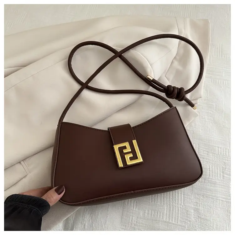Korean Style Brown Shoulder Bag with Gold Logo — feature 9