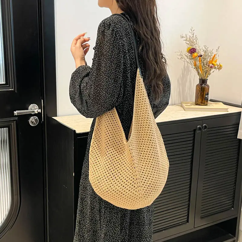 Beige Woven Women's Straw Shoulder Bag Travel Luggage - Image 8