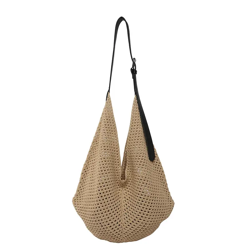 Beige Woven Women's Straw Shoulder Bag Travel Luggage - Image 11