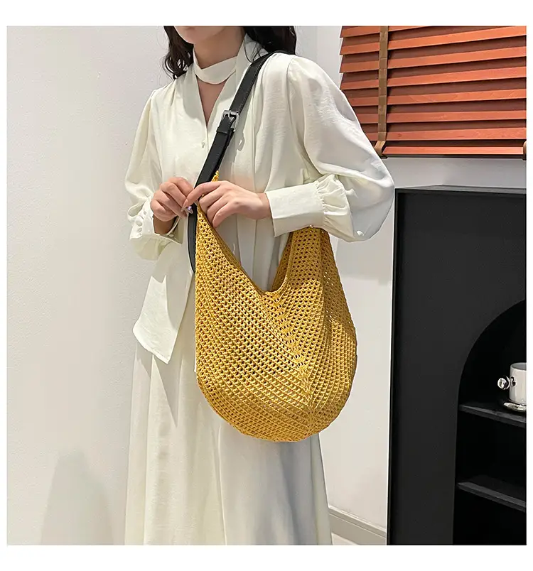 Beige Woven Women's Straw Shoulder Bag Travel Luggage — feature 17