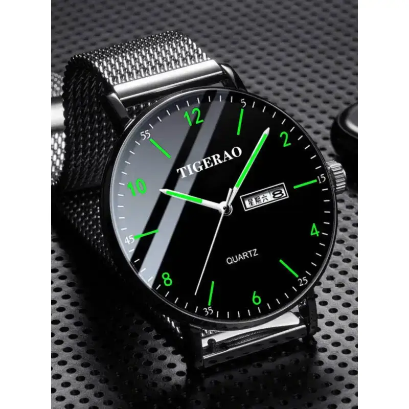 Tigerao Men's Black Quartz Watch with Green Dial - Image 11