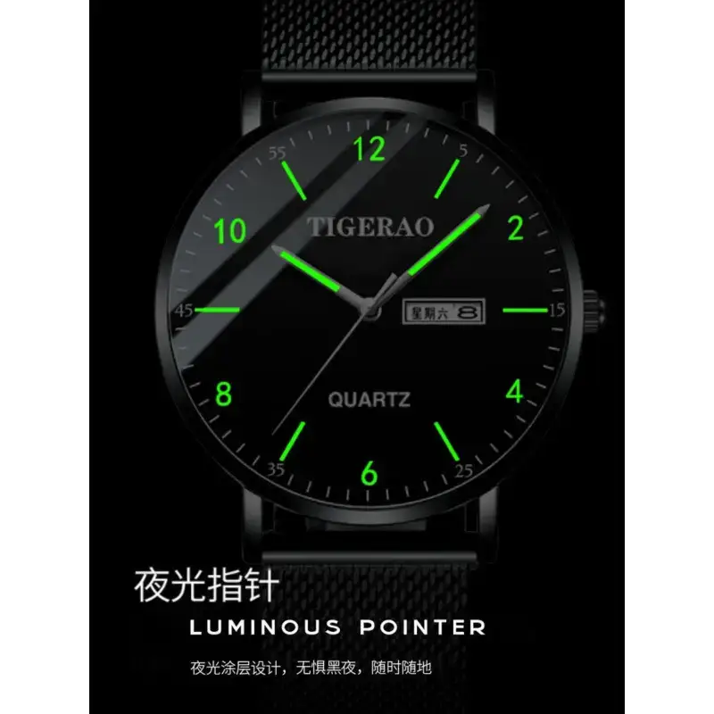 Tigerao Men's Black Quartz Watch with Green Dial - Image 12