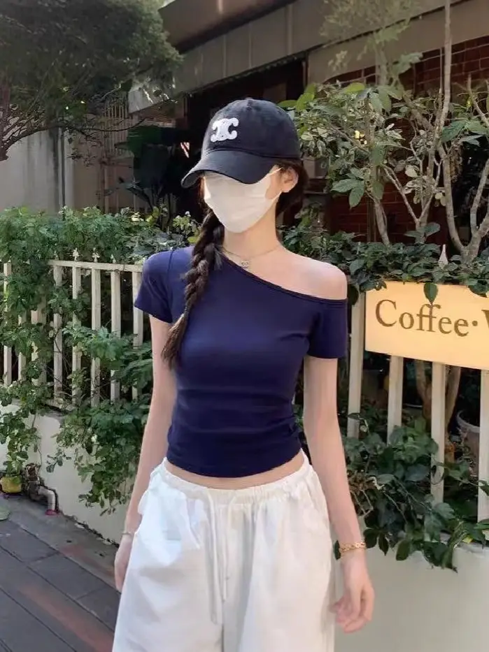 Dark Blue Slanted Shoulder T-Shirt for Women 2025 Summer