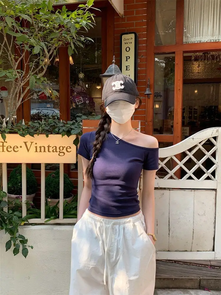 Dark Blue Slanted Shoulder T-Shirt for Women 2025 Summer
