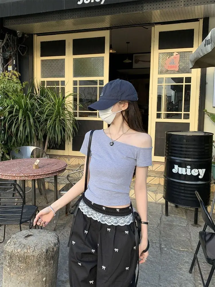 Dark Blue Slanted Shoulder T-Shirt for Women 2025 Summer — feature 11