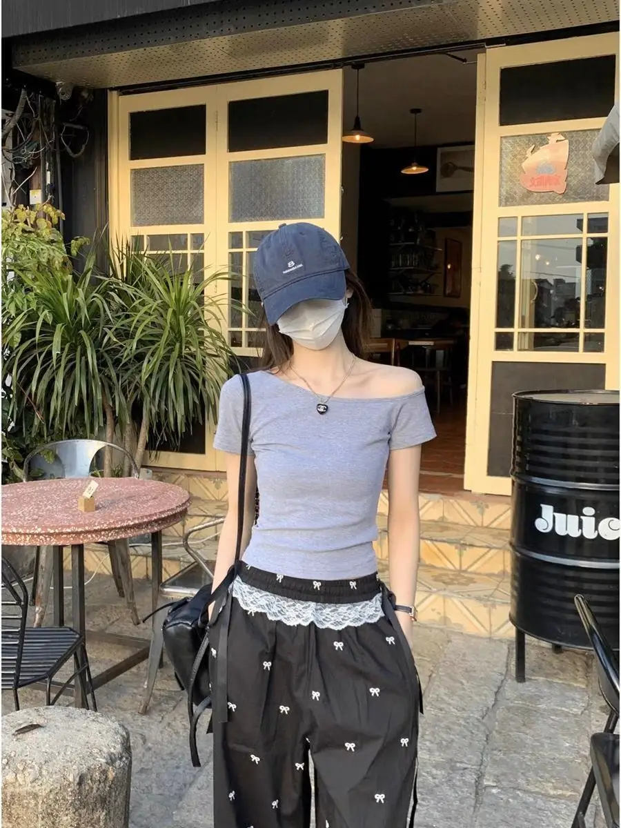 Dark Blue Slanted Shoulder T-Shirt for Women 2025 Summer — feature 12