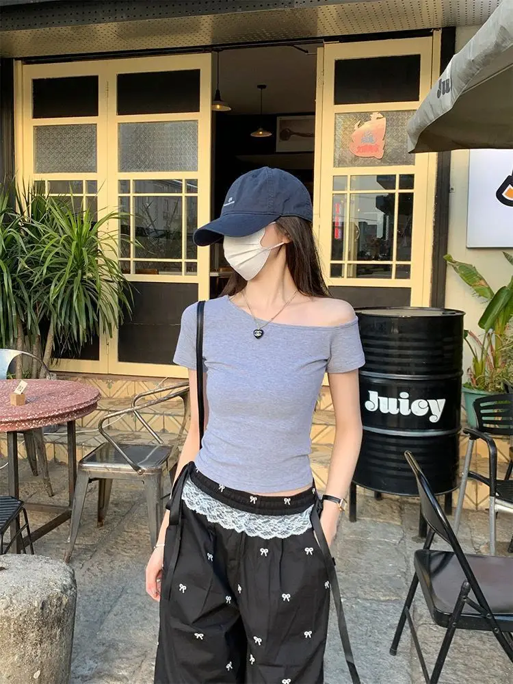 Dark Blue Slanted Shoulder T-Shirt for Women 2025 Summer — feature 13