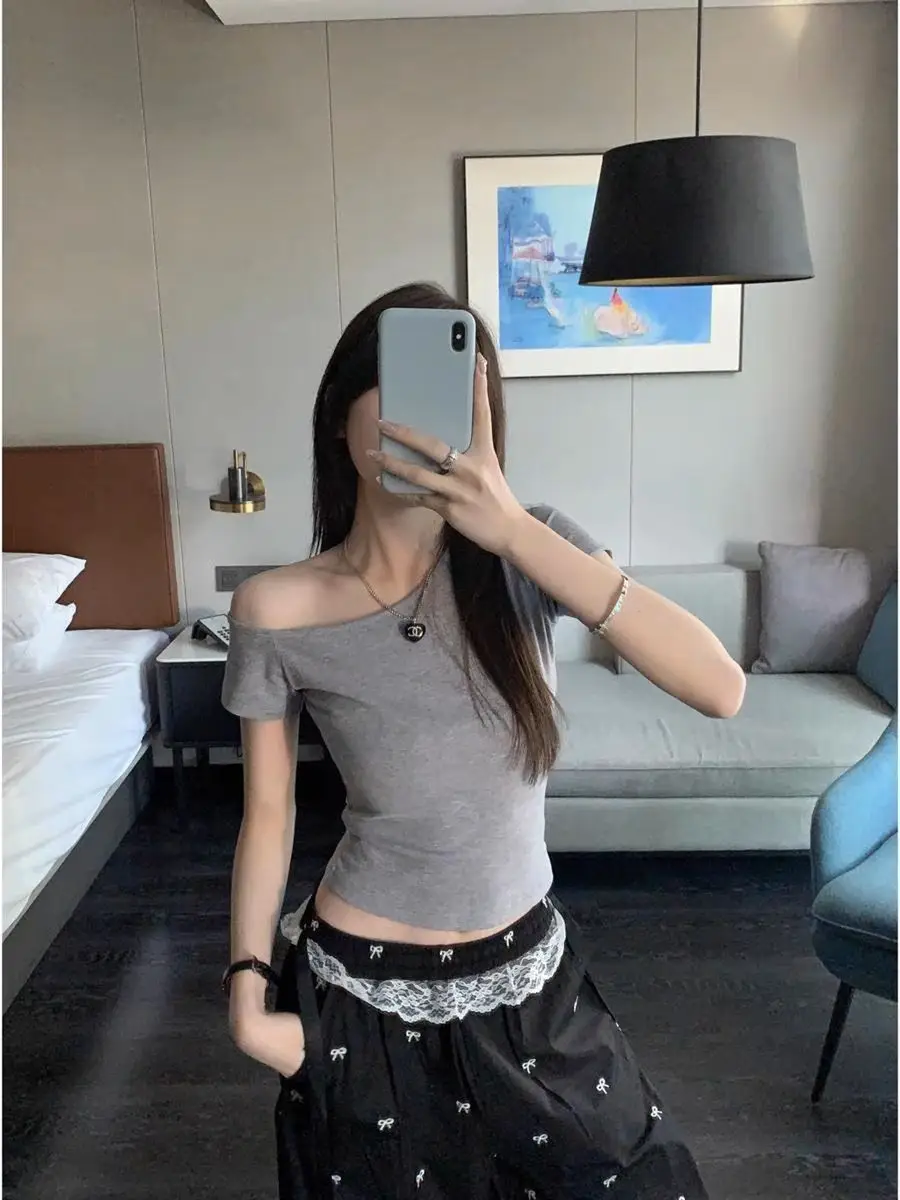 Dark Blue Slanted Shoulder T-Shirt for Women 2025 Summer — feature 14