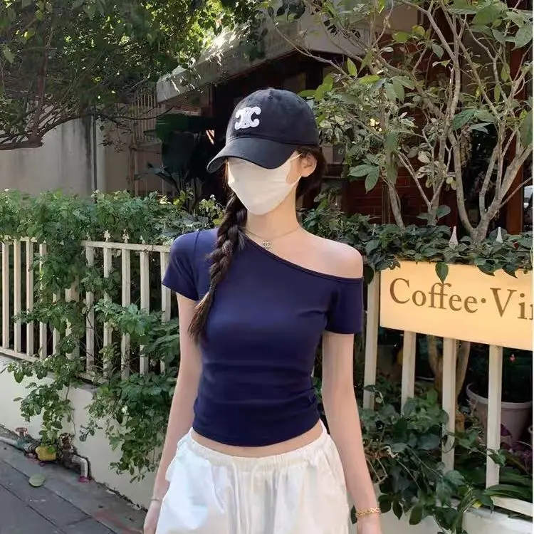 Dark Blue Slanted Shoulder T-Shirt for Women 2025 Summer — feature 3