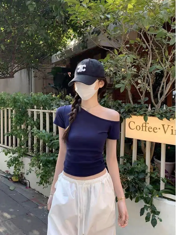 Dark Blue Slanted Shoulder T-Shirt for Women 2025 Summer — feature 4