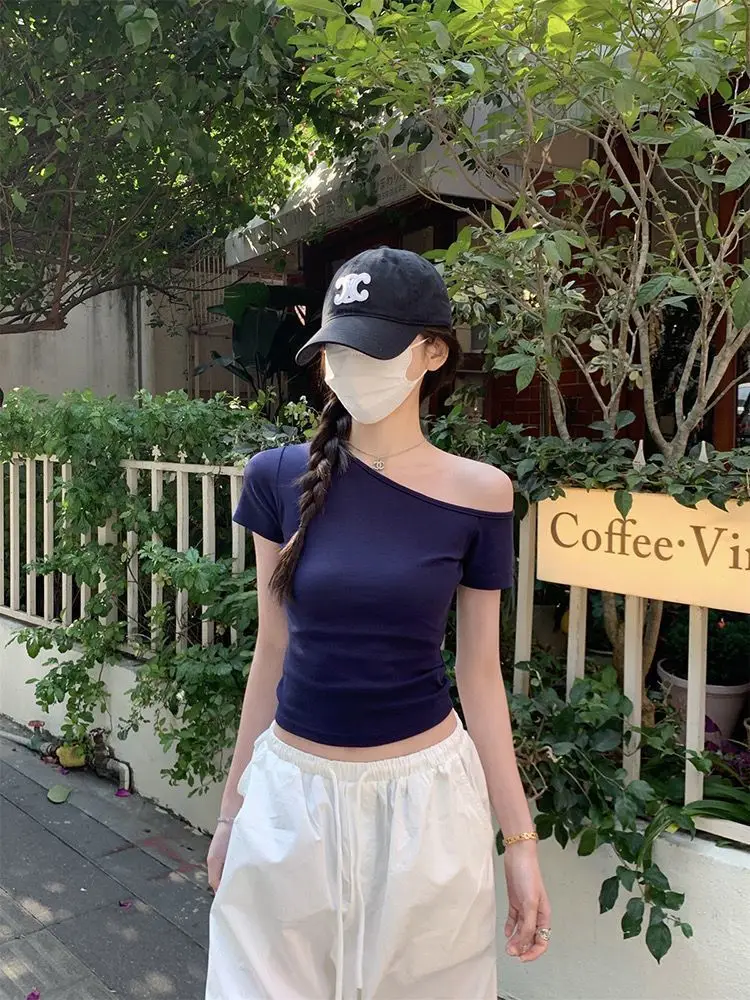 Dark Blue Slanted Shoulder T-Shirt for Women 2025 Summer — feature 8
