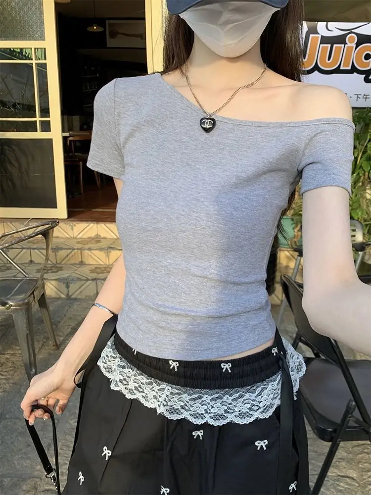 Dark Blue Slanted Shoulder T-Shirt for Women 2025 Summer — feature 9