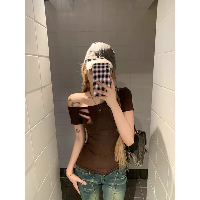 Dark Blue Slanted Shoulder T-Shirt for Women 2025 Summer
