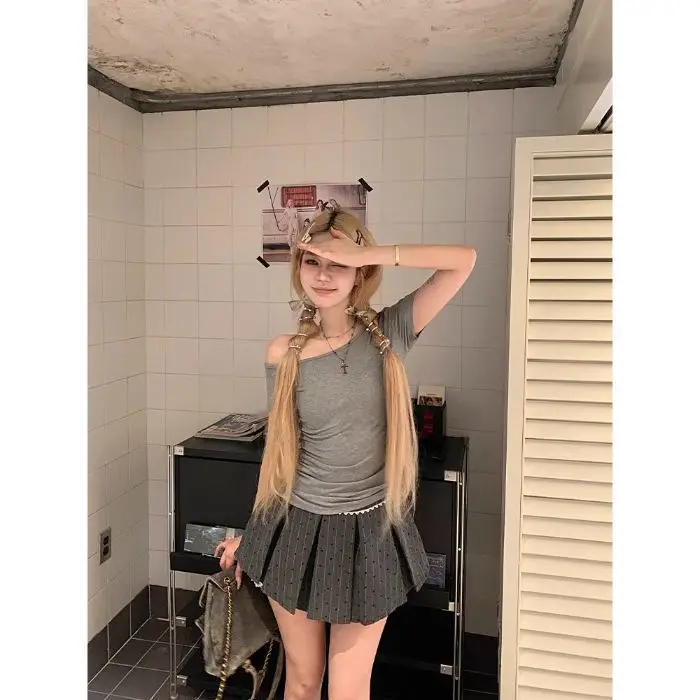 Dark Blue Slanted Shoulder T-Shirt for Women 2025 Summer