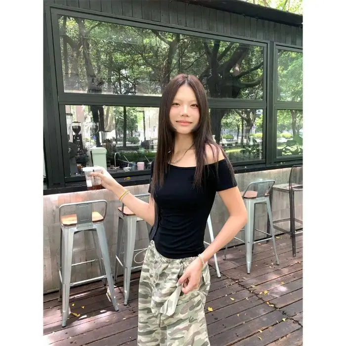 Dark Blue Slanted Shoulder T-Shirt for Women 2025 Summer