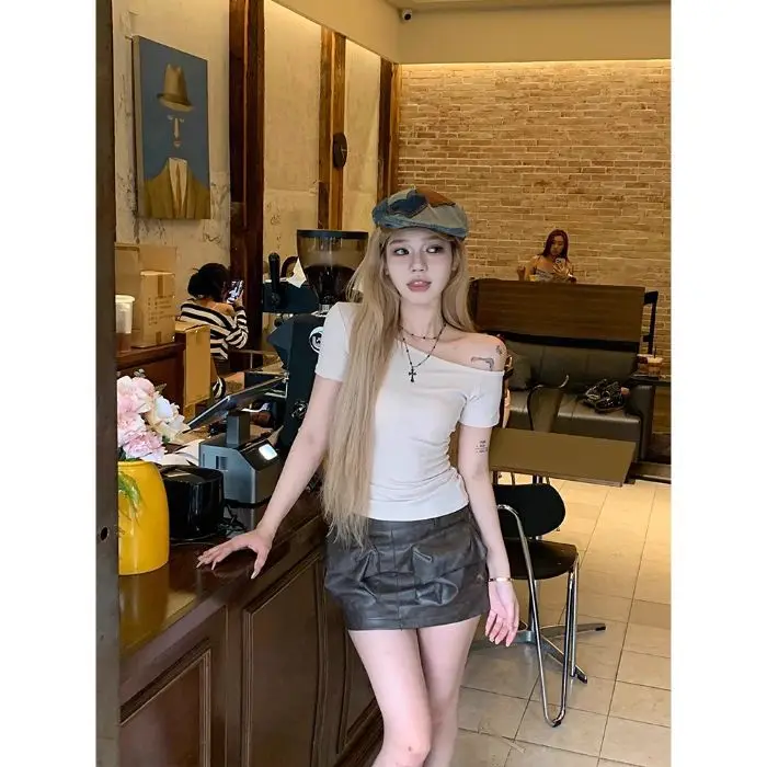 Dark Blue Slanted Shoulder T-Shirt for Women 2025 Summer