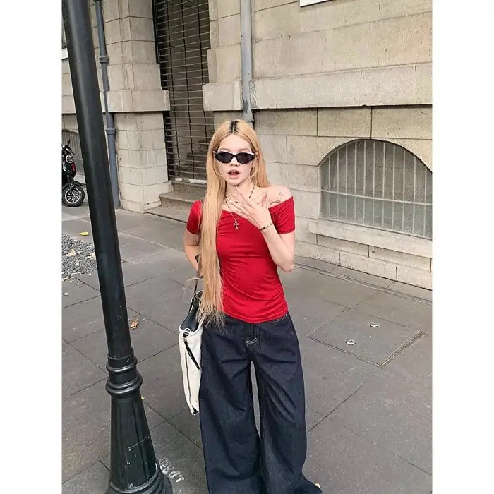 Dark Blue Slanted Shoulder T-Shirt for Women 2025 Summer