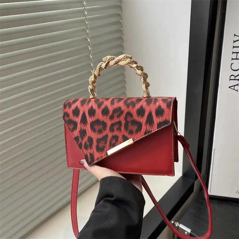 Leopard Print Satchel Bag for Women Red Metal Handle