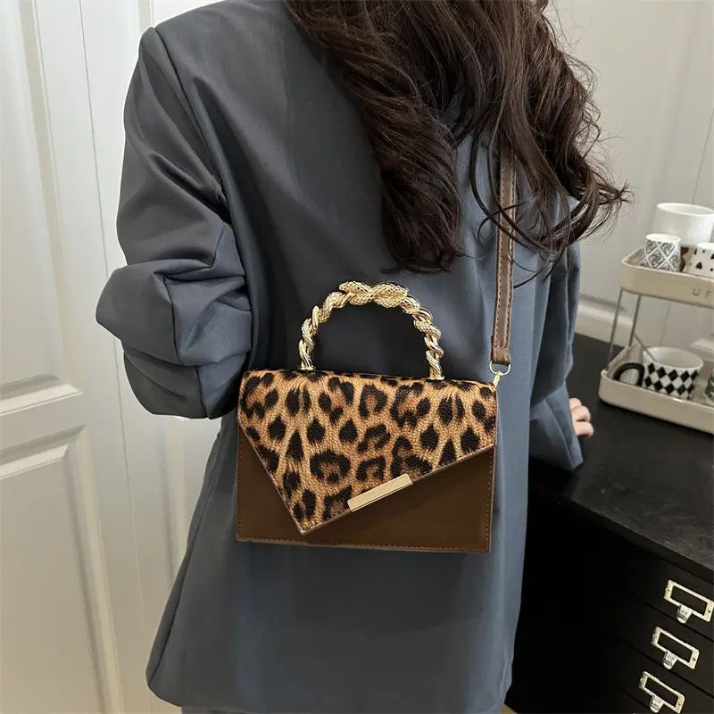 Leopard Print Satchel Bag for Women Red Metal Handle