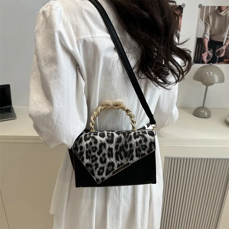 Leopard Print Satchel Bag for Women Red Metal Handle